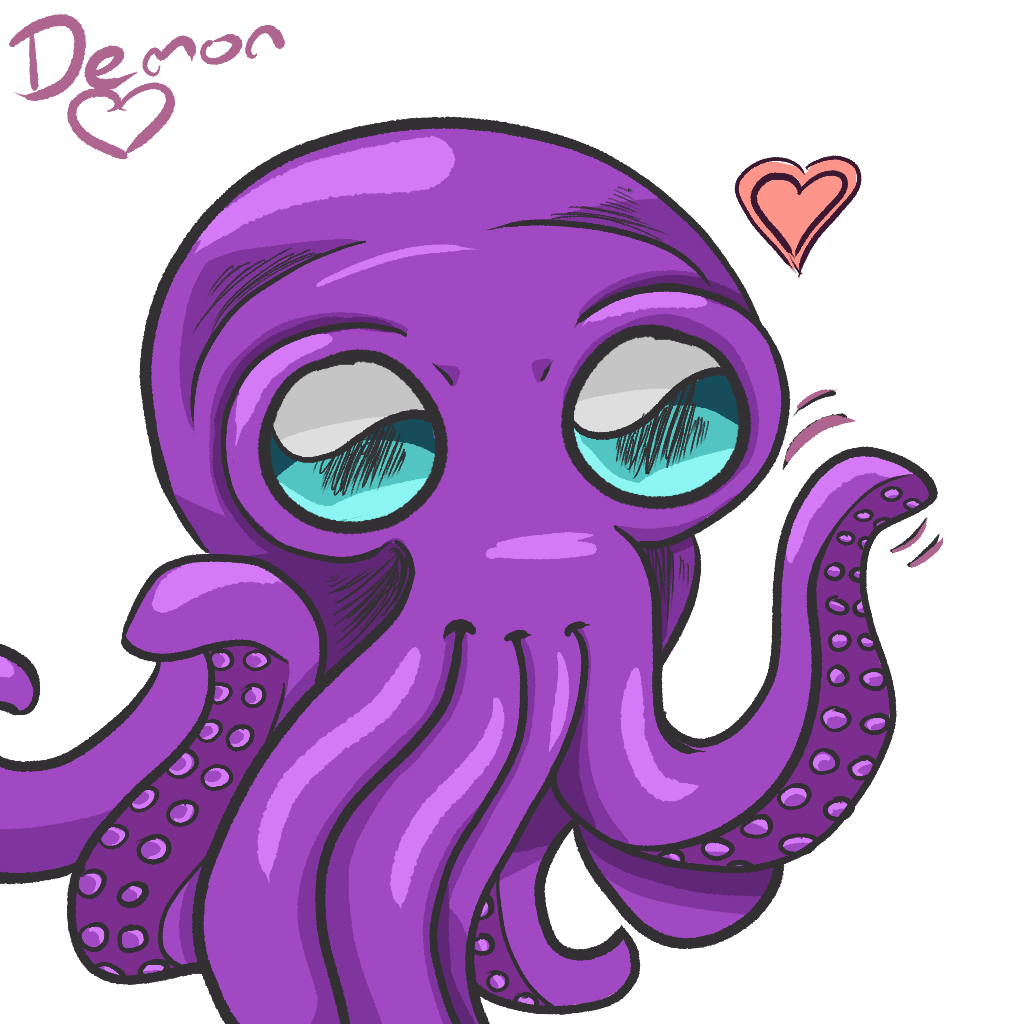 a cute purple octopus waving at you, there's a love heart floating near its head